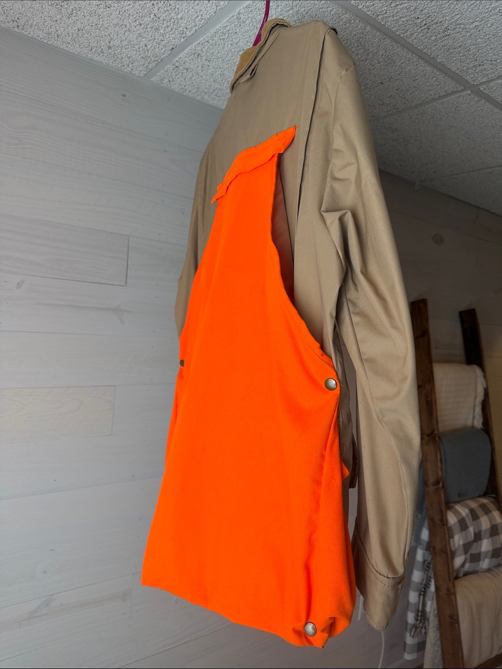 Men's Tan Field Jacket with High-Vis Orange Quilted Shoulders - Picture 4 of 16